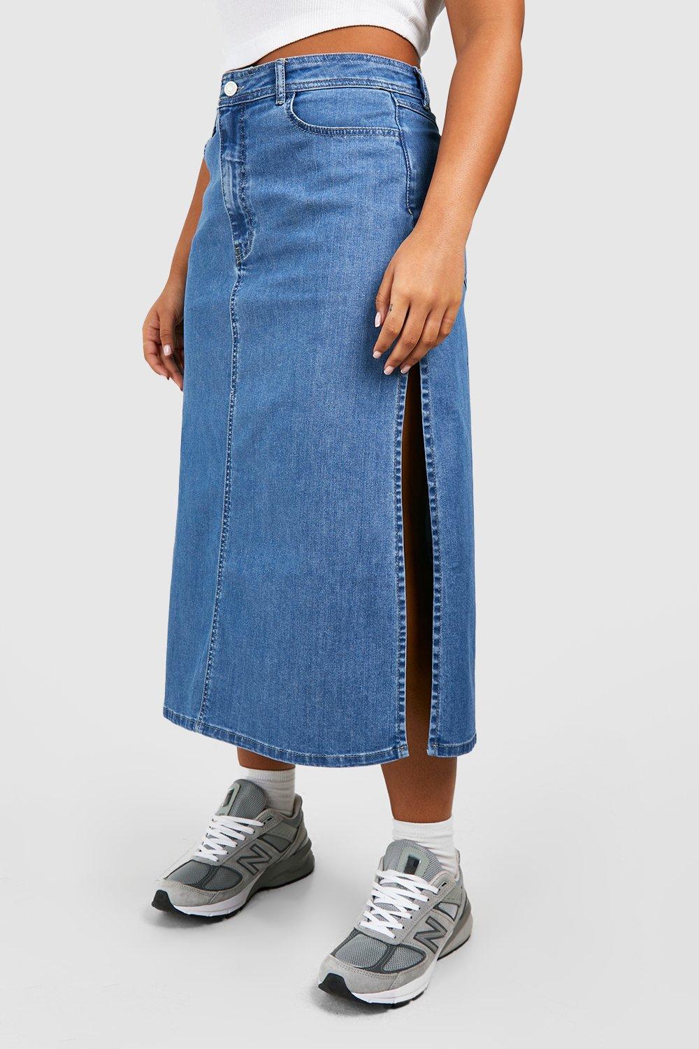 Plus High Waisted Side Split Denim Midi Skirt